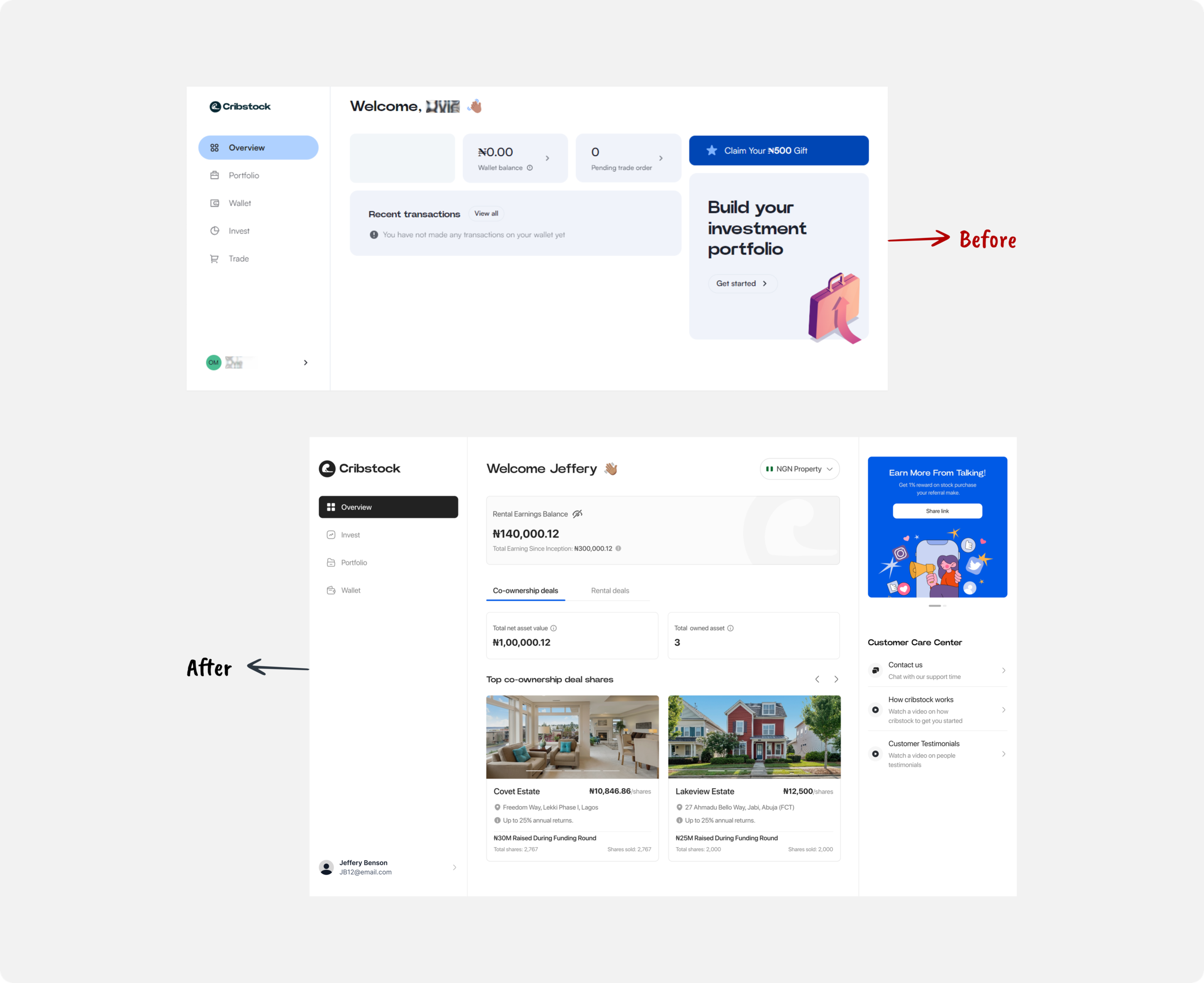 Dashboard before and after — desktop